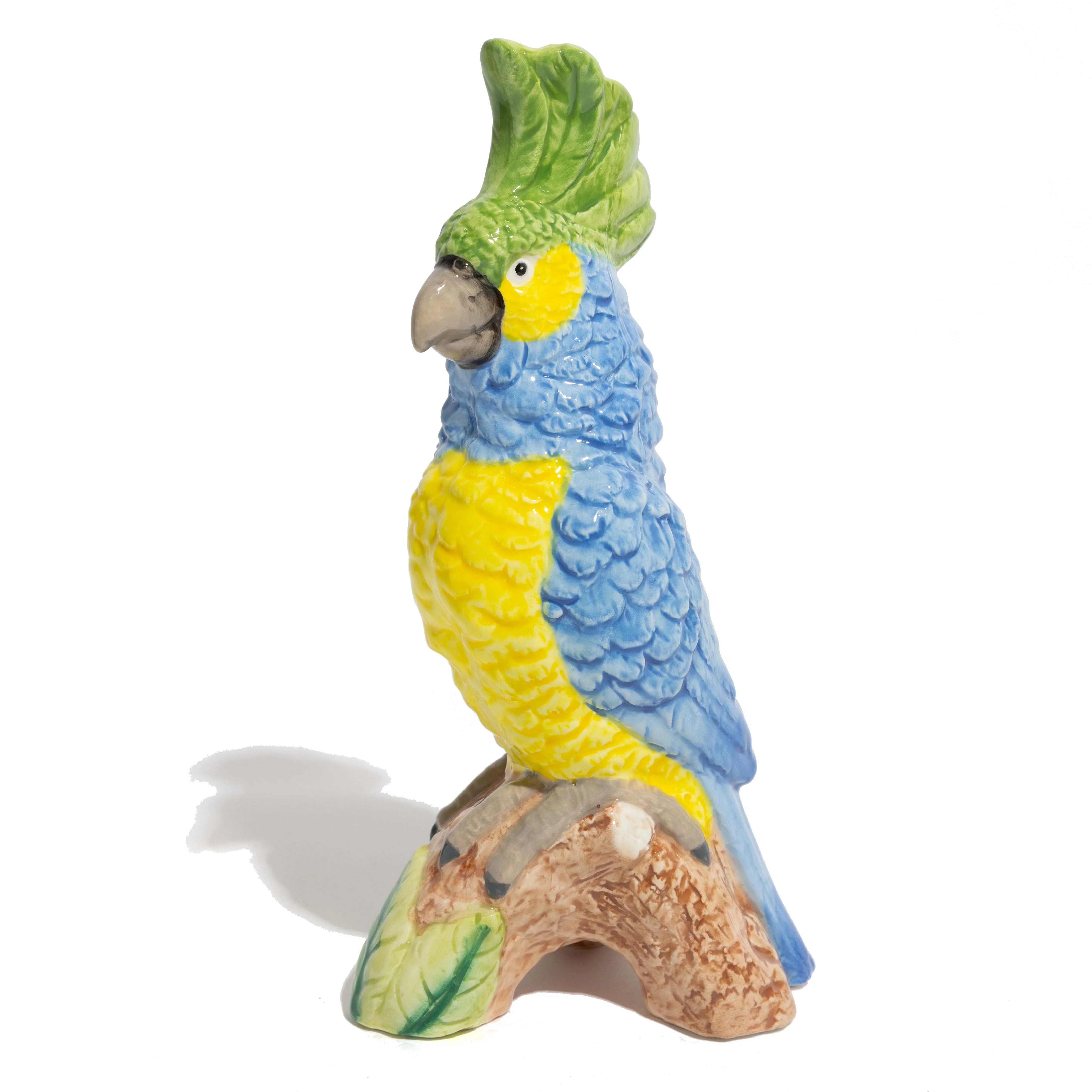 Blue & Yellow Parrot On Perch Ceramic Vase