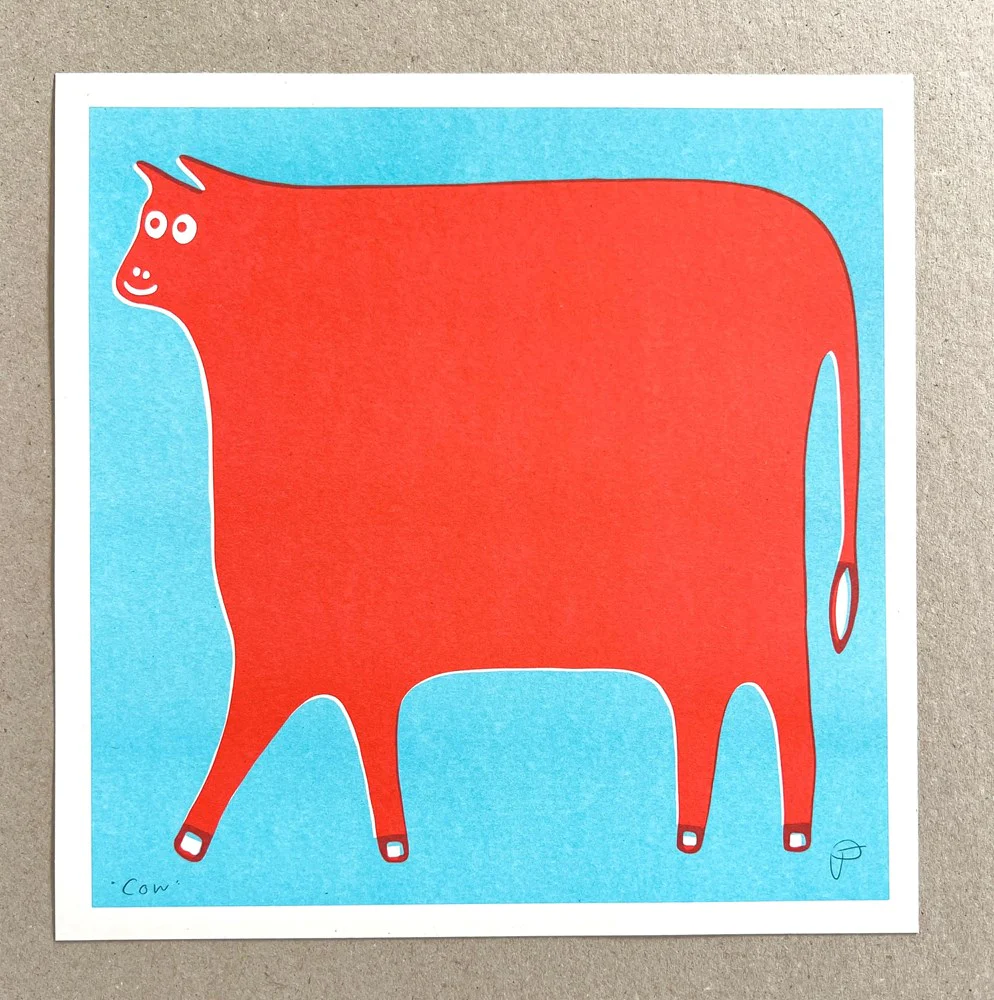 Cow Art Print - Red and Blue