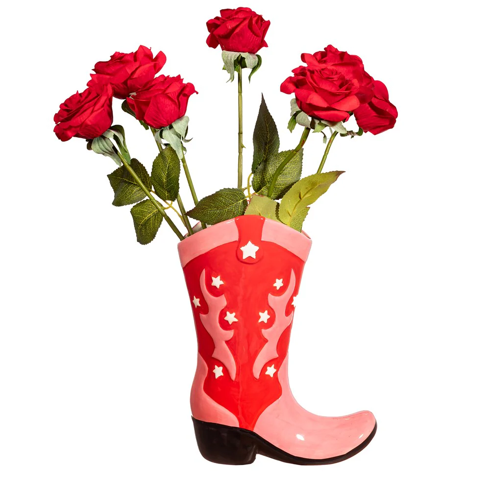 Cowboy Boot Pink & Red Vase - Image 2