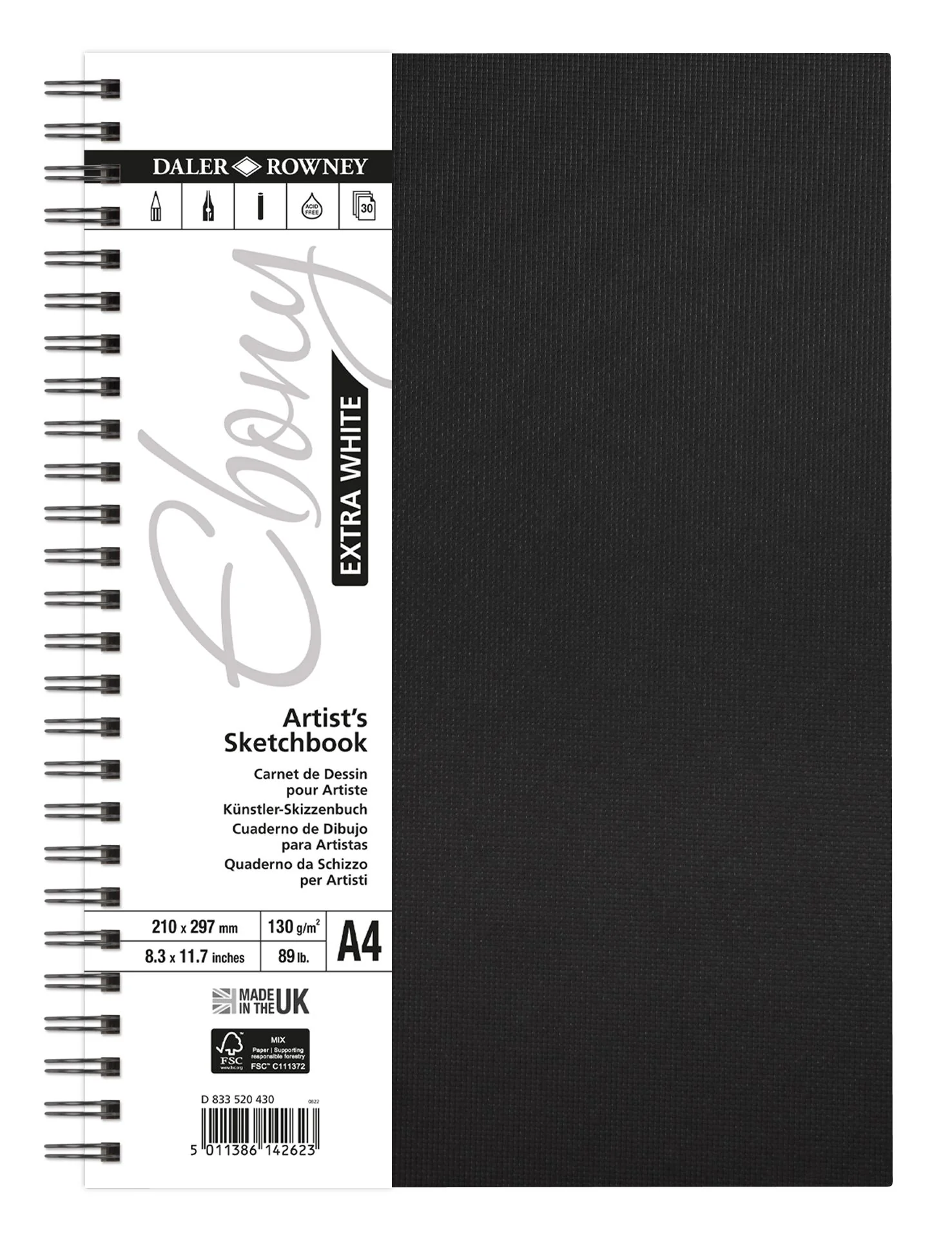 Ebony Extra White Spiral Artist's Sketchbook Portrait A4 30 sheets