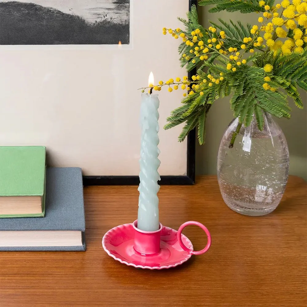 Enamel Chamberstick Candle Holder - Vibrant Pink - Image 2