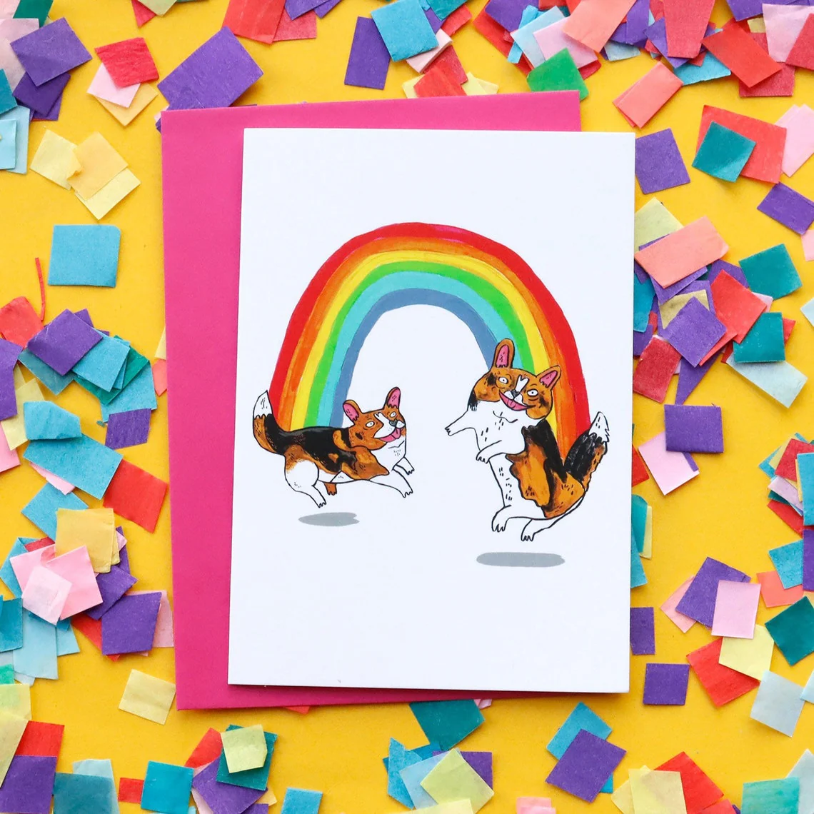 Happy Rainbow Dancing Corgis Card