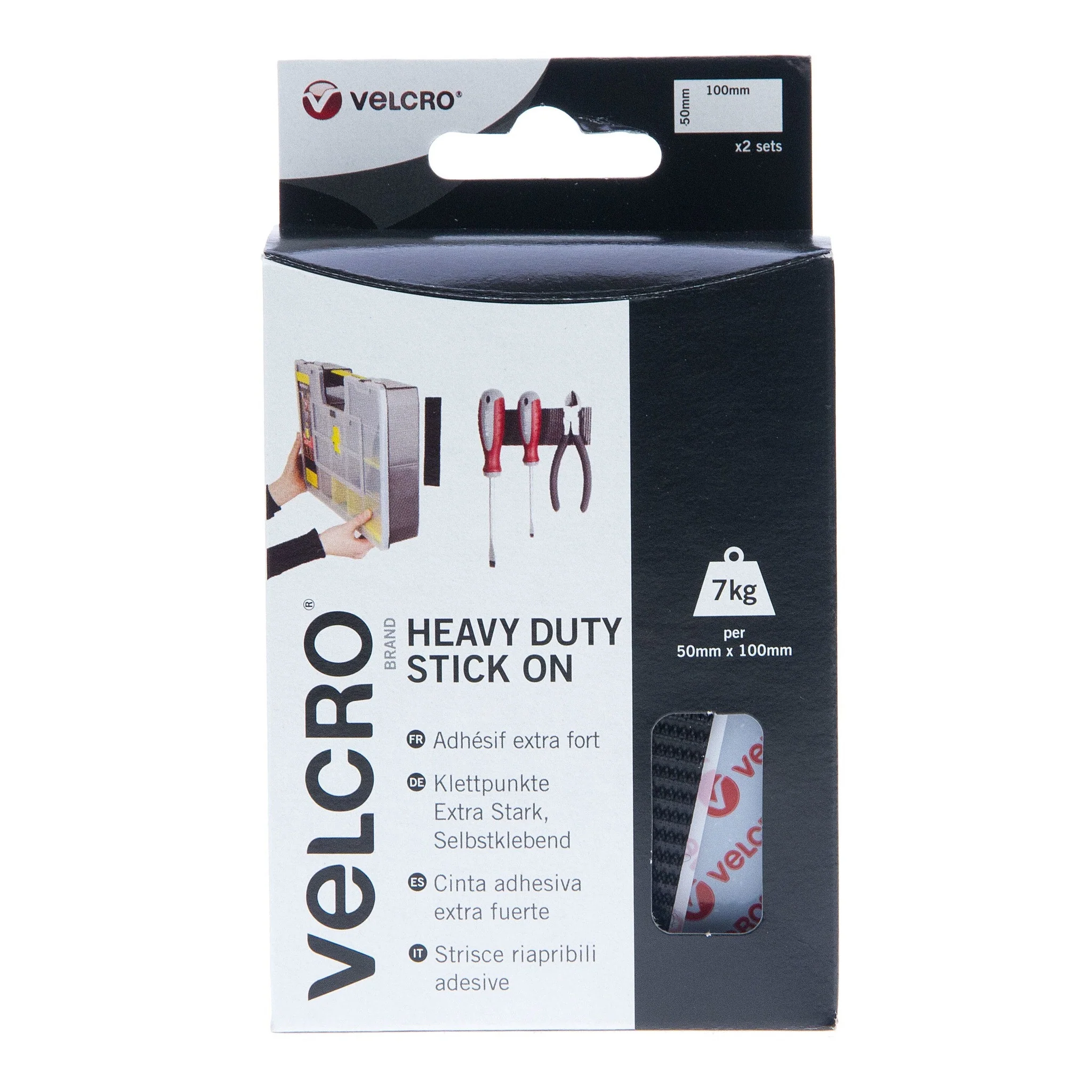 VELCRO Brand Heavy Duty Stick On Strips Hook & Loop 50mm x 100mm x 2 Sets Black
