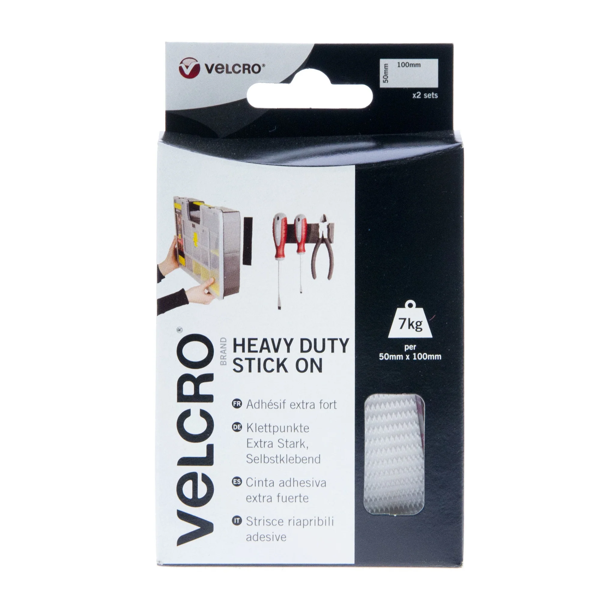 VELCRO Brand Heavy Duty Stick On Strips Hook & Loop 50mm x 100mm x 2 Sets White